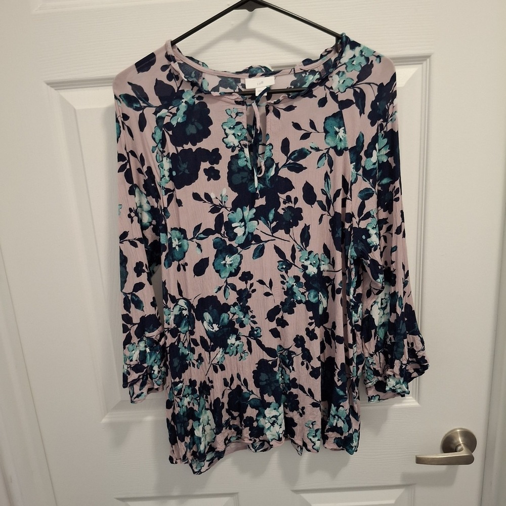 J Jill XL Purple‎ Blue Sheer Bell Sleeve Floral Fairycore Whimsical Blouse